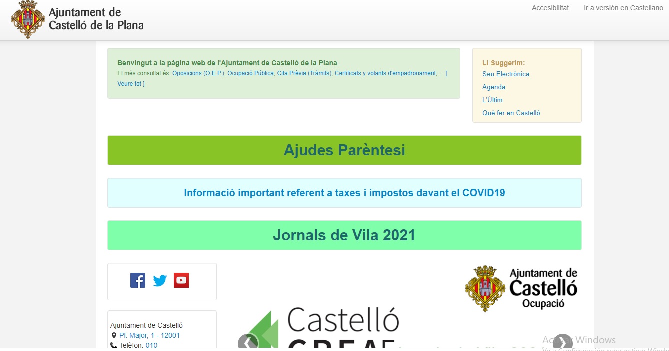 Pantallazo de la páguna web del ayuntamiento de Castelló en funcionamiento