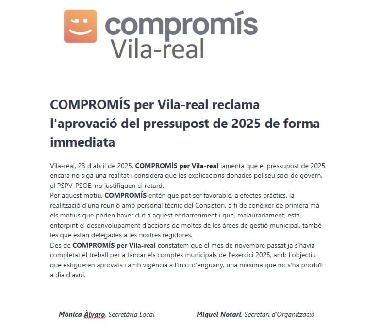 Imagen del comunicado de Compromís Vila-real referente a los presupuestos del 2025