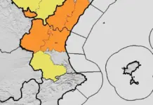 Las lluvias dejan más de 60 litros por metro cuadrado en puntos del litoral valenciano y castellonense Mapa de previsión de lluvias de Aemet para este martes, con zonas señaladas.
